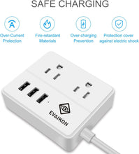 Load image into Gallery viewer, Travel Power Strip - EVAIKON 2 Outlet with 3 USB Ports Desktop Charging Station 5ft Extension Cord Compact for Cruise Ship Nightstand and Office - White