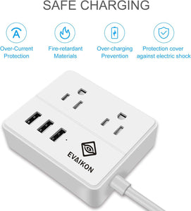 Travel Power Strip - EVAIKON 2 Outlet with 3 USB Ports Desktop Charging Station 5ft Extension Cord Compact for Cruise Ship Nightstand and Office - White