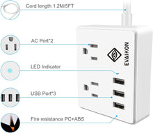 Load image into Gallery viewer, Travel Power Strip - EVAIKON 2 Outlet with 3 USB Ports Desktop Charging Station 5ft Extension Cord Compact for Cruise Ship Nightstand and Office - White