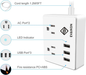 Travel Power Strip - EVAIKON 2 Outlet with 3 USB Ports Desktop Charging Station 5ft Extension Cord Compact for Cruise Ship Nightstand and Office - White