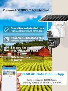 GB-217H-4G GENBOLT 3G/4G LTE Cellular Solar Security Camera Outdoor Wireless, 8W 15600mAh Battery Operated Surveillance Camera No WiFi, Dual Lens Spotlight IP Camera CCTV with SIM Card