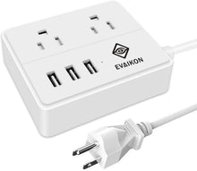 Load image into Gallery viewer, Travel Power Strip - EVAIKON 2 Outlet with 3 USB Ports Desktop Charging Station 5ft Extension Cord Compact for Cruise Ship Nightstand and Office - White