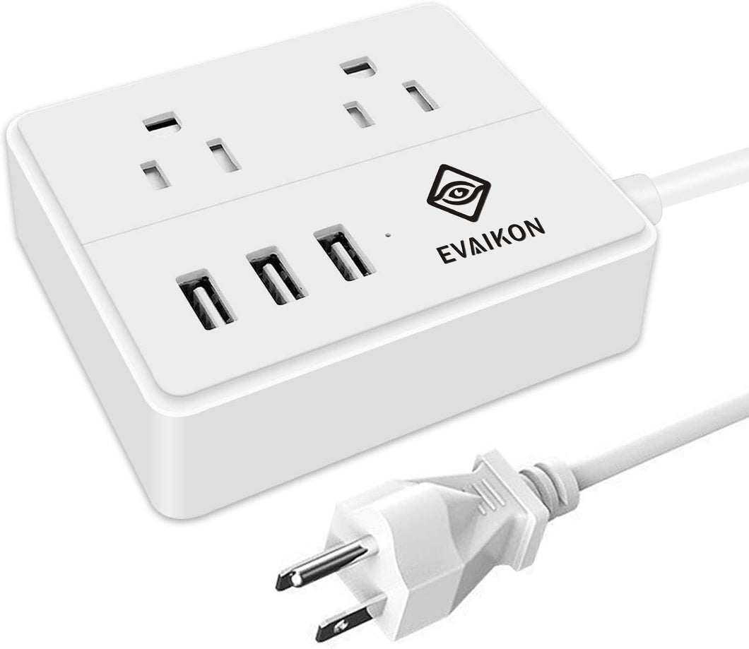 Travel Power Strip - EVAIKON 2 Outlet with 3 USB Ports Desktop Charging Station 5ft Extension Cord Compact for Cruise Ship Nightstand and Office - White