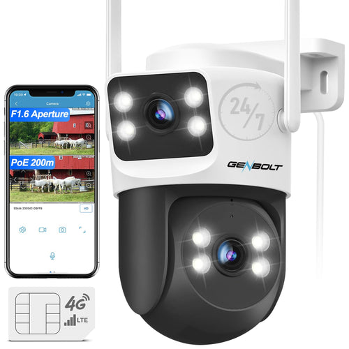 GB-201H-4G GENBOLT 3G/4G LTE Security Camera Outdoor No WiFi, Dual Lens PoE Surveillance Camera CCTV with Sim Card Cellular, 24/7 Recording Plug in Wired IP Cam with Auto Tracking Human Detection