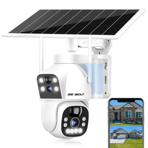 GB-217H-WIFI GENBOLT Solar WiFi Security Camera Outdoor Wireless, 8W 15600mAh Battery Powered Home Surveillance Camera CCTV with Dual View, Dual lens Spotlight IP Camera with Color Night, PIR Detection