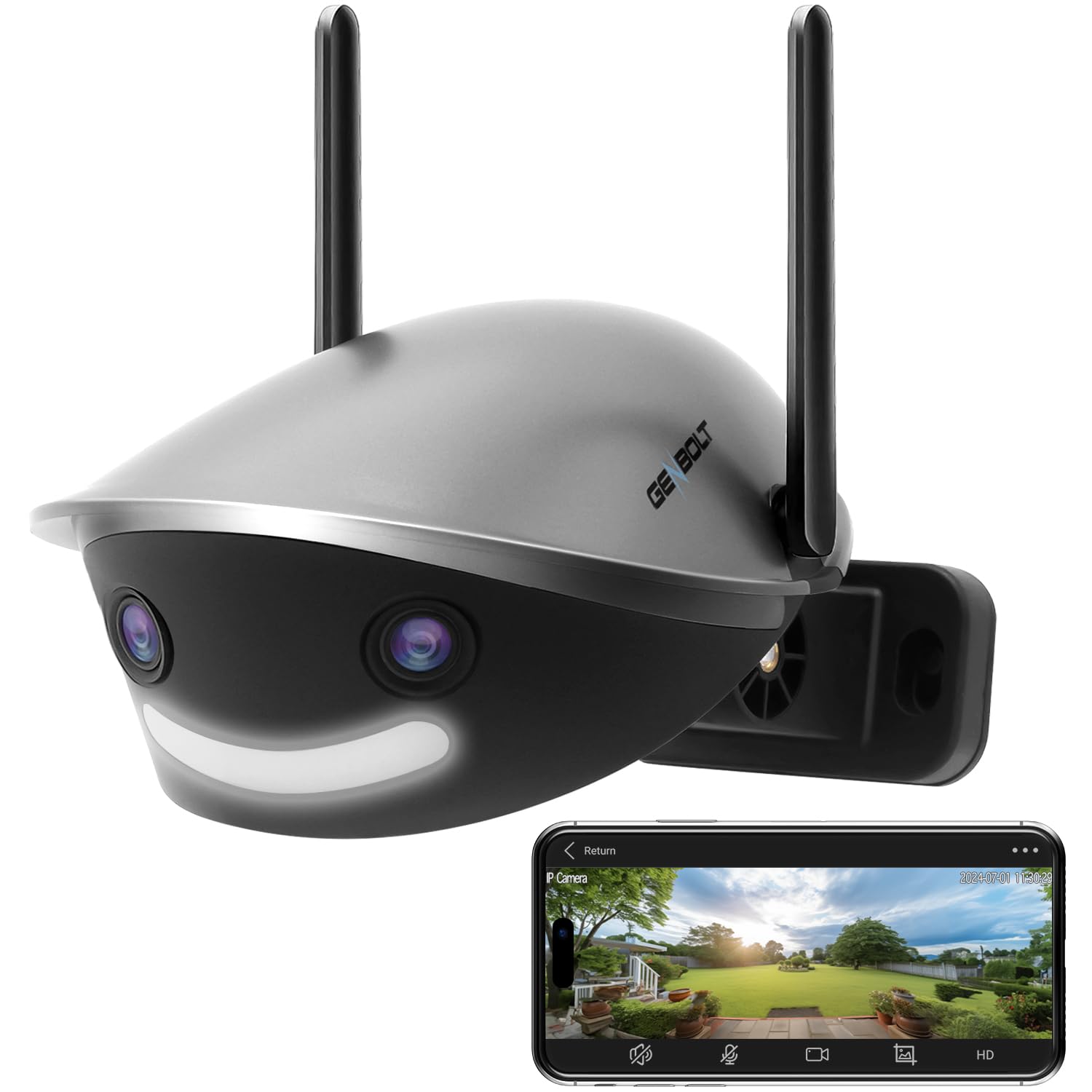 GB-212K-WIFI GENBOLT WiFi Security Camera Outdoor Home Surveillance  CCTV Camera 4MP with Dual lens, 180° Panoramic IP Camera with Color Night, 