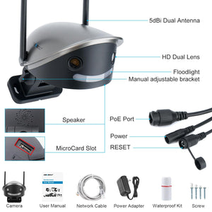 GB-212K-WIFI GENBOLT WiFi Security Camera Outdoor 2.5K, Home Surveillance CCTV Camera 4MP with Dual lens, 180° Panoramic IP Camera with Color Night, Car/Pet/Humanoid Detection [DC&PoE]