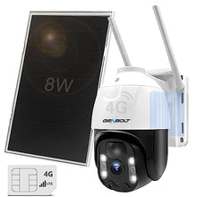 Load image into Gallery viewer, 4G LTE Solar Security Camera Outdoor Wireless, GENBOLT 8W 15600mAh Battery Operated Surveillance Camera No WiFi, Floodlight PTZ IP Camera System with SIM Card, PIR Siren Alarm with Humanoid Detection