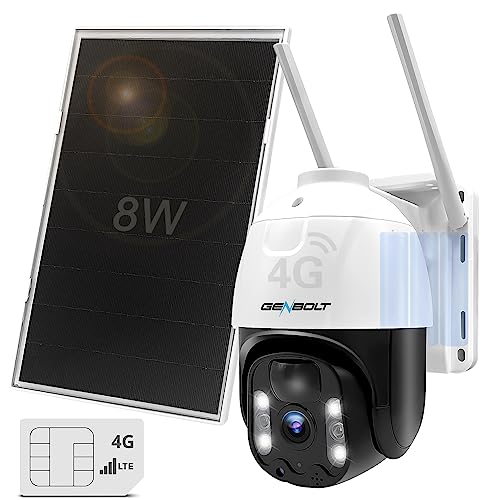 GB-216K-4G 4G LTE Solar Security Camera Outdoor Wireless, GENBOLT 8W 15600mAh Battery Operated Surveillance Camera No WiFi, Floodlight PTZ IP Camera System with SIM Card, PIR Siren Alarm with Humanoid Detection