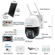 Load image into Gallery viewer, 4G LTE Solar Security Camera Outdoor Wireless, GENBOLT 8W 15600mAh Battery Operated Surveillance Camera No WiFi, Floodlight PTZ IP Camera System with SIM Card, PIR Siren Alarm with Humanoid Detection