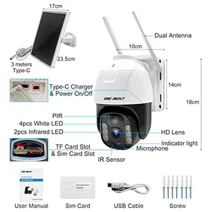 GB-216K-4G 4G LTE Solar Security Camera Outdoor Wireless, GENBOLT 8W 15600mAh Battery Operated Surveillance Camera No WiFi, Floodlight PTZ IP Camera System with SIM Card, PIR Siren Alarm with Humanoid Detection