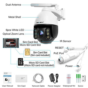 GENBOLT [9X Zoom] 3G/4G LTE Security Camera Outdoor Wireless, 2.5K Floodlight PoE CCTV IP Surveillance PTZ Camera with Sim Card, Color Night Vision Auto Humanoid Cruise Tracking, Siren Alarm (DC&POE)