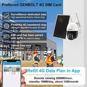 GB-216K-4G 4G LTE Solar Security Camera Outdoor Wireless, GENBOLT 8W 15600mAh Battery Operated Surveillance Camera No WiFi, Floodlight PTZ IP Camera System with SIM Card, PIR Siren Alarm with Humanoid Detection