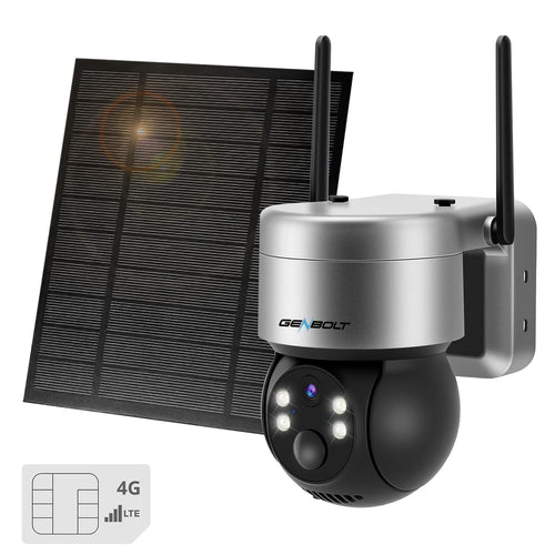GB-216E-K-4G 4G Solar Security Cameras Outdoor Wireless, GENBOLT LTE Cellular Camera Battery Operated PTZ IP Camera with 6W Solar Panel,12000mAh Rechargeable CCTV Surveillance Camera System, PIR Siren Alarm