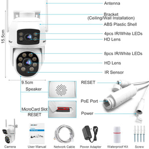 GB-201H-WIFI GENBOLT PTZ WiFi Security Camera Outdoor, CCTV Home Surveillance Camera with Dual View, Dual lens IP Camera with Color Night, Auto Tracking Humanoid Detection [DC&PoE]
