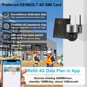 GB-216E-K-4G 4G Solar Security Cameras Outdoor Wireless, GENBOLT LTE Cellular Camera Battery Operated PTZ IP Camera with 6W Solar Panel,12000mAh Rechargeable CCTV Surveillance Camera System, PIR Siren Alarm